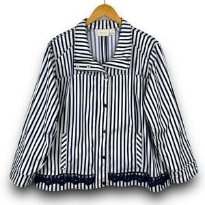 Chicos Navy Blue White Stripe Lightweight Jacket Zipper Front Roll Tab Sleeve XL
